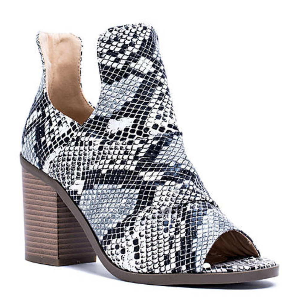 Snake Print Open Toe Slip On Booties